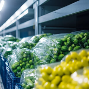 Fresh vegetables arranged in storage facility for distribution, showcasing cucumbers and lemons in crates